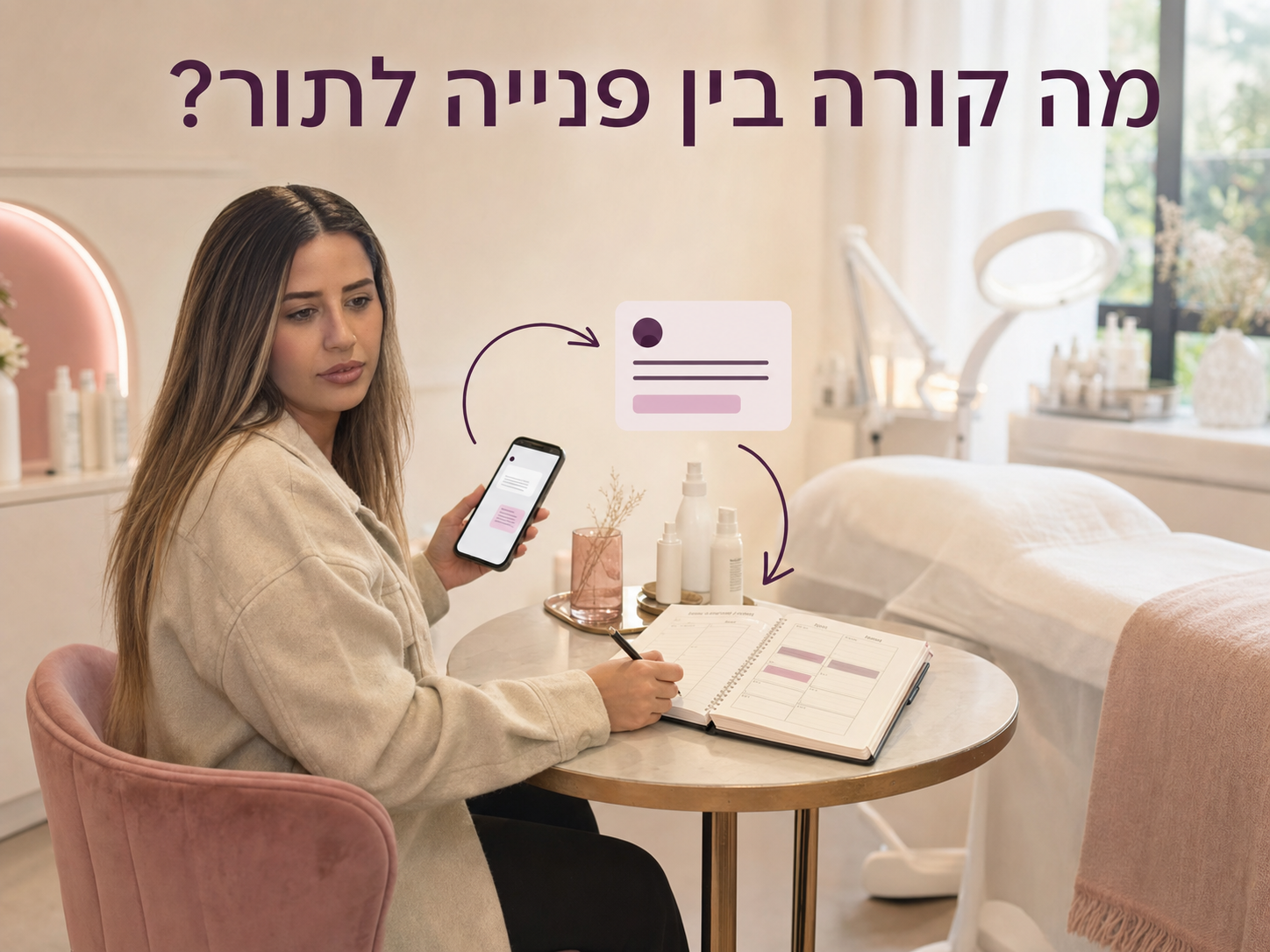 בעלת קליניקה בודקת פנייה ויומן טיפולים בדרך לתיאום תור