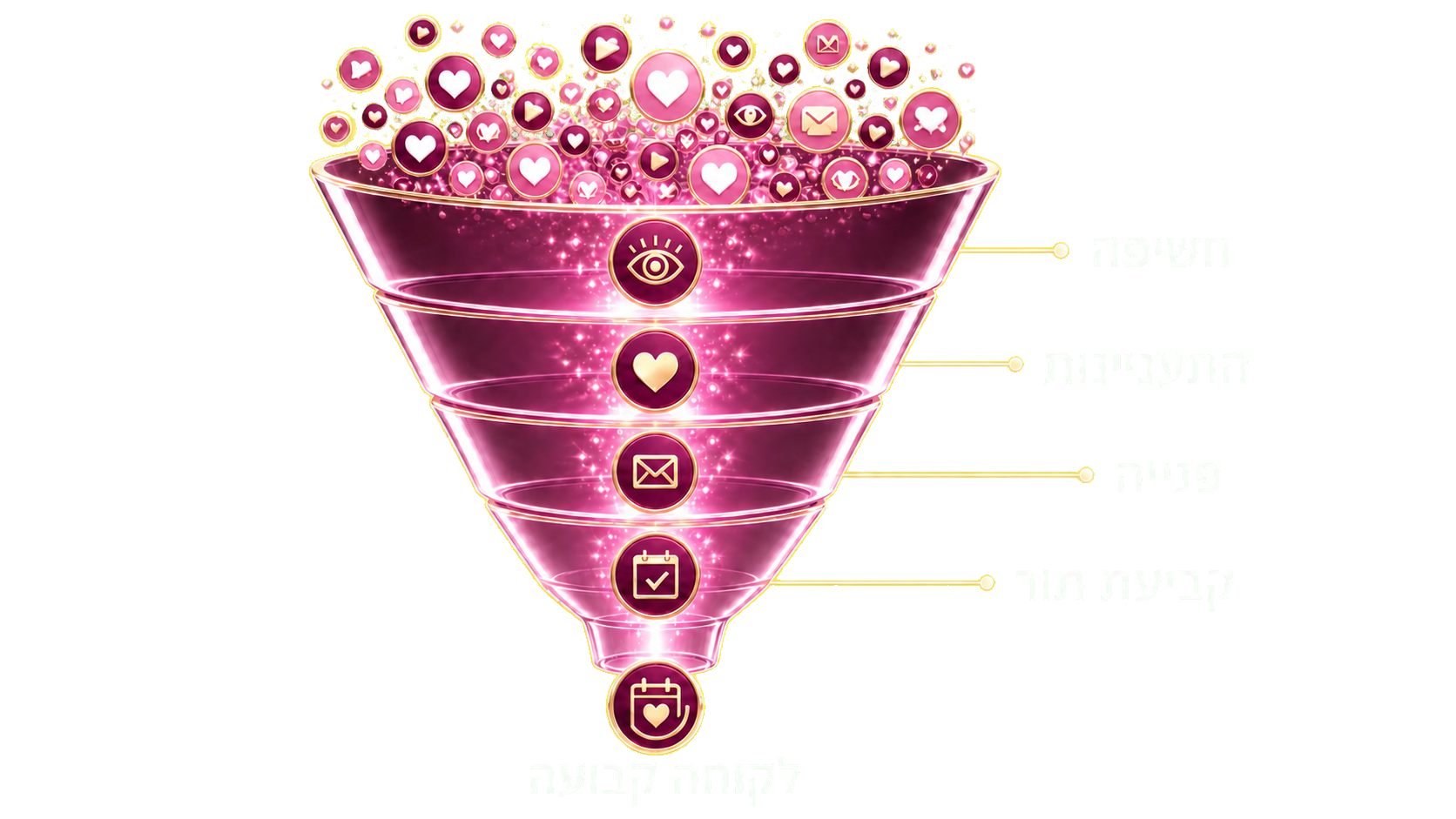 משפך שמציג חשיפה, התעניינות, פנייה, קביעת תור ולקוחה קבועה
